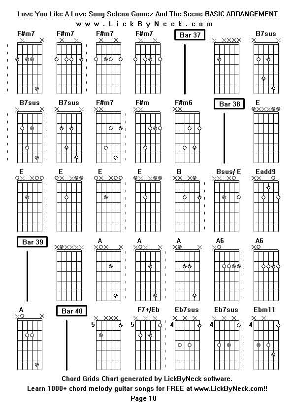 Chord Grids Chart of chord melody fingerstyle guitar song-Love You Like A Love Song-Selena Gomez And The Scene-BASIC ARRANGEMENT,generated by LickByNeck software.